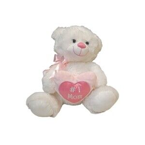 Goffa International Plush White Bear #1 Mom Holding Pink Heart 14" Satin Nose